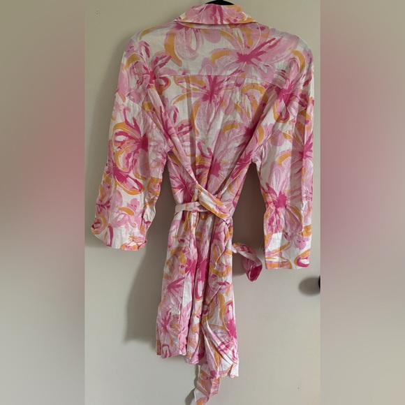 ZARA Pink Orange Floral Tropical Linen Blend Shirt Dress Size S - Picture 5 of 10